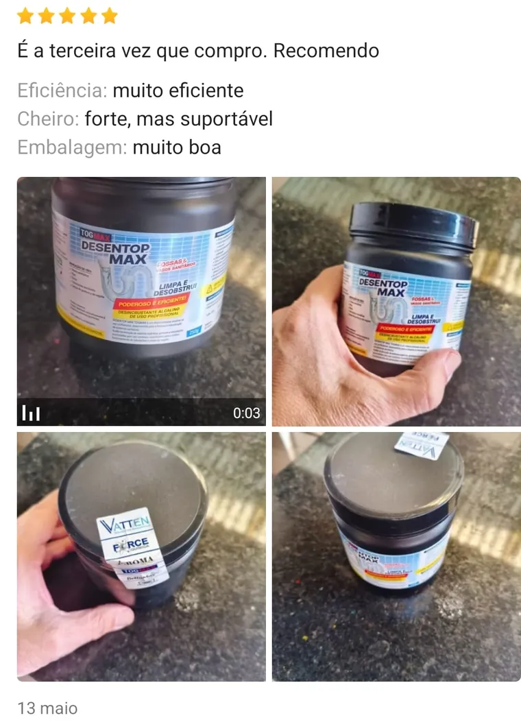 Avaliação 5 estrelas do Desentop Max — cliente recomenda